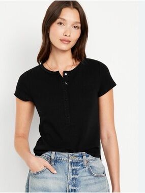 Old Navy Black Short Sleeve waffle knit Henley Tee